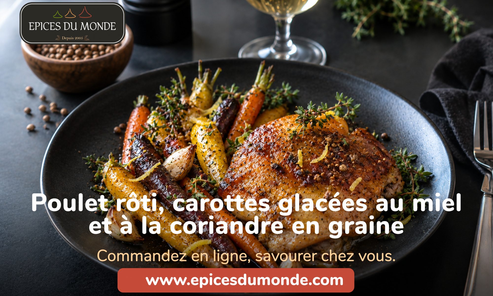 Poulet rôti, carottes glacées au miel et à la coriandre en graine