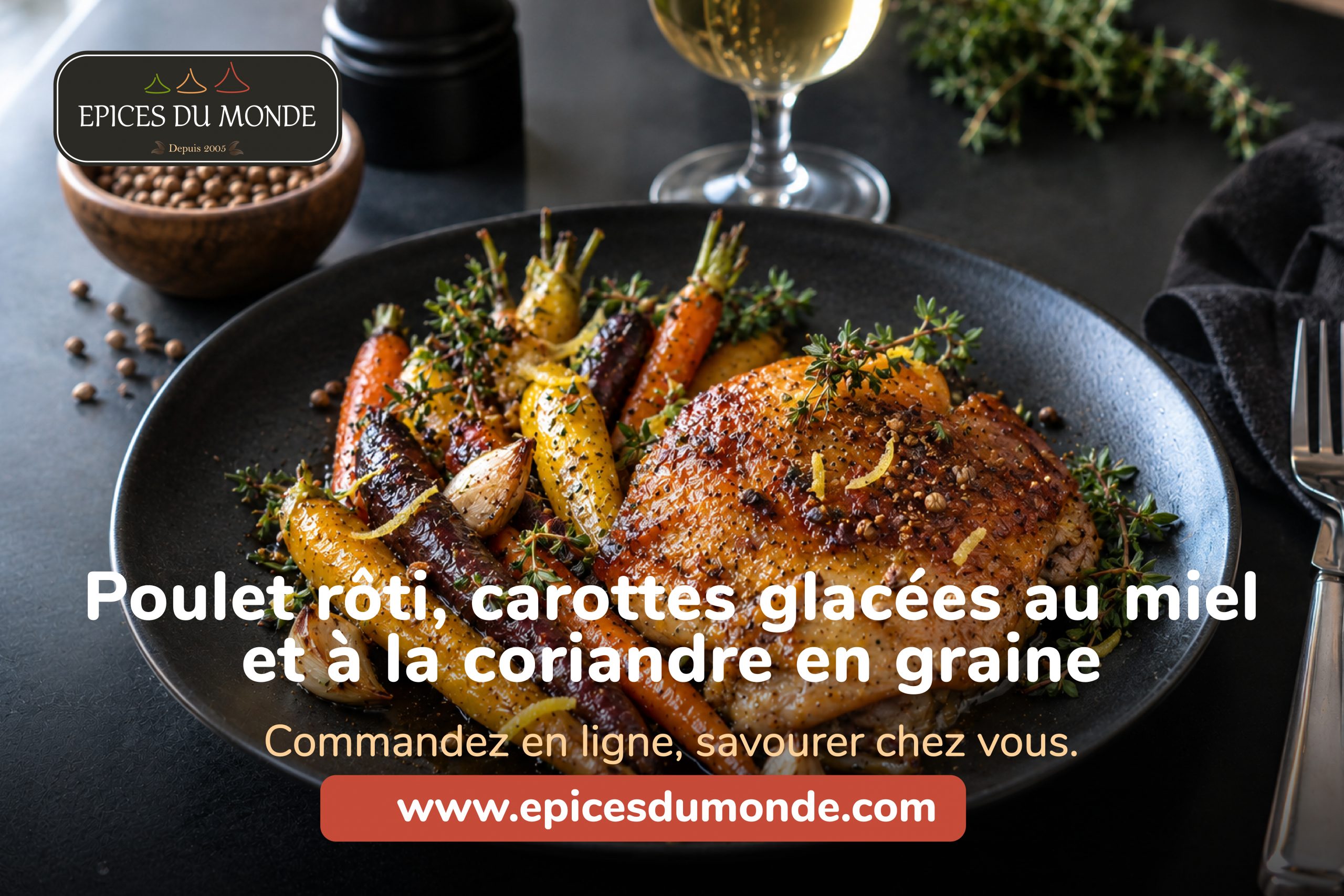 Poulet rôti, carottes glacées au miel et à la coriandre en graine